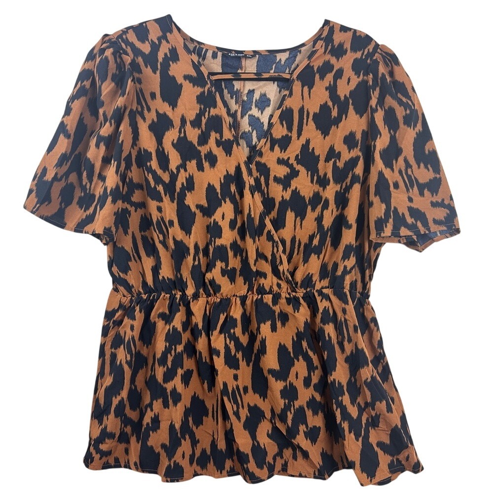 Shein Curve Leopard Print Peplum Top Brown Black Surplice V-Neck‎ 2XL